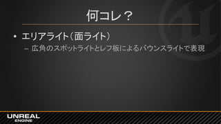 何コレ？
• エリアライト（面ライト）
– 広角のスポットライトとレフ板によるバウンスライトで表現
 