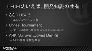 CEDECといえば、開発知識の共有！
• さらにUE4で
– エンジンソース共有
• Unreal Tournament
– ゲーム開発も共有（Unreal Tournament）
• ARK: Survival Evolved Dev Kit
– MOD開発環境を共有
 