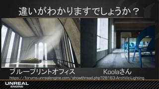 違いがわかりますでしょうか？
ブループリントオフィス Koolaさん
https://forums.unrealengine.com/showthread.php?28163-ArchViz-Lighting
 
