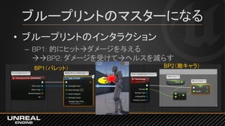ブループリントのマスターになる
• ブループリントのインタラクション
– BP1: 的にヒットダメージを与える
BP2: ダメージを受けてヘルスを減らす
BP1（バレット） BP2（敵キャラ）
 