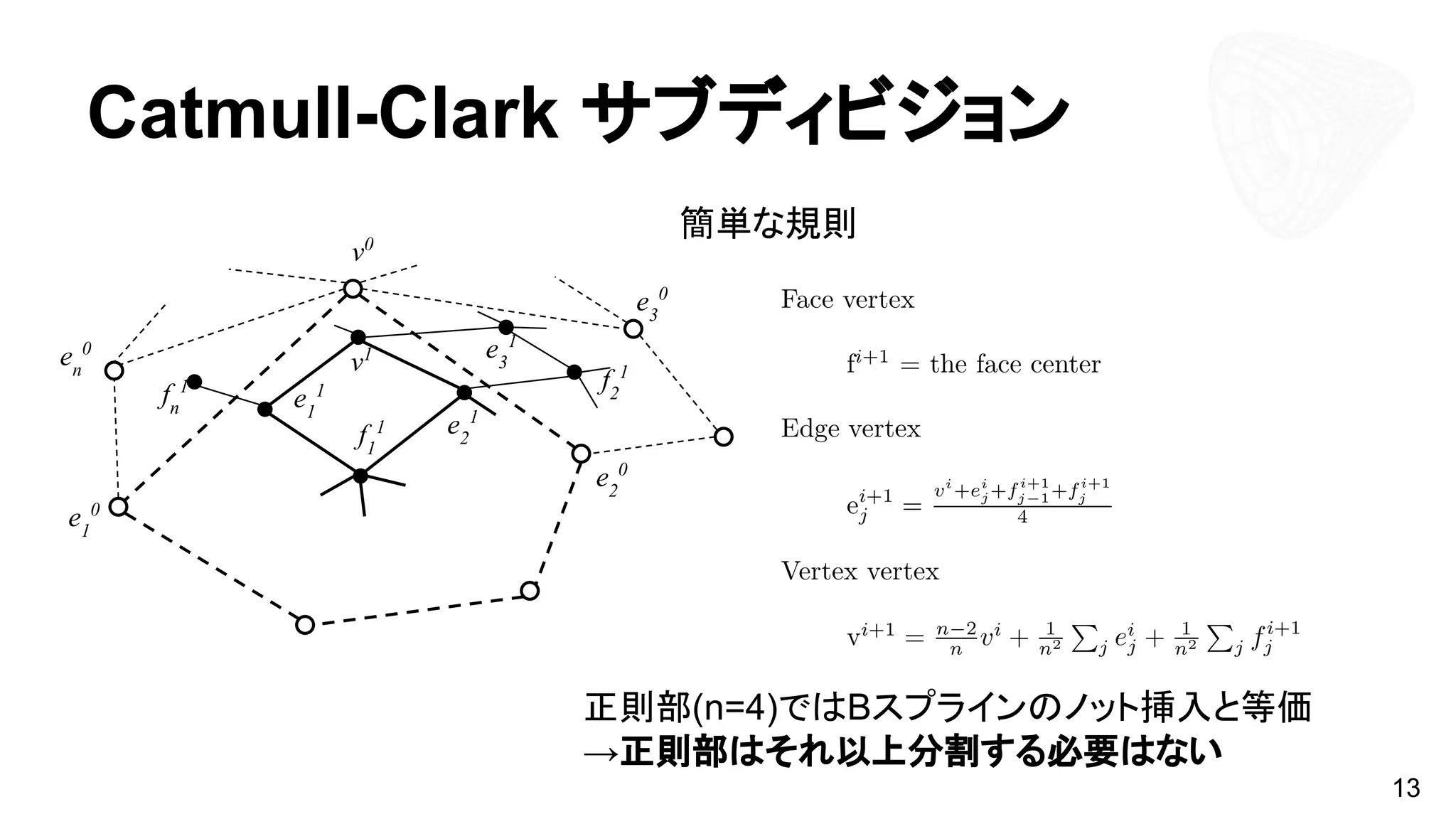 Catmull-Clark サブディビジョン
　　　　簡単な規則
正則部(n=4)ではBスプラインのノット挿入と等価
→正則部はそれ以上分割する必要はない
13
v0
e1
0
e2
0
en
0
e3
0
v1
e1
1
e2
1
f1
1
e3
1
f2
1
fn
1
 