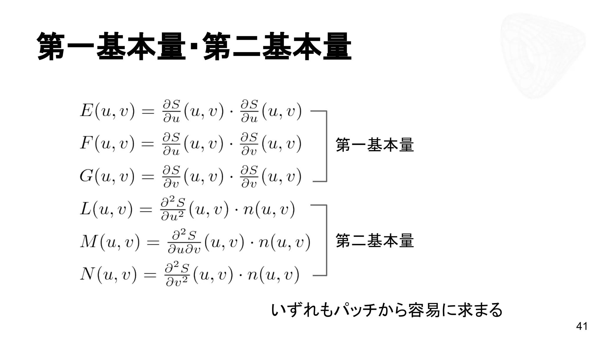 第一基本量・第二基本量
41
第二基本量
第一基本量
いずれもパッチから容易に求まる
 