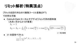 リミット解析（特異頂点）
ブロック巡回行列なので離散フーリエ変換(DFT)
で対角化可能
● Catmull-Clark ローカルサブディビジョン行列の固有値
　（大きい方から３つが重要）
● λ1 の固有ベクトル
20
n = 頂点価数
 