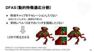 DFAS（動的特徴適応分割）
● 終端キャップをテセレーションしたくない
　　近似になってしまうし、連続性が落ちる
● 常時レベル１０までのパッチを描画したくない
　LODで両立させる
31
Schäfer, H., et al. Dynamic feature-adaptive subdivision.
Proceedings of the 19th Symposium on Interactive 3D Graphics and Games. ACM, 2015.
 