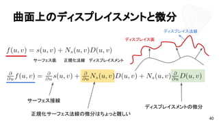 曲面上のディスプレイスメントと微分
40
正規化サーフェス法線の微分はちょっと難しい
サーフェス面 正規化法線 ディスプレイスメント
ディスプレイス面
ディスプレイス法線
サーフェス接線
ディスプレイスメントの微分
 