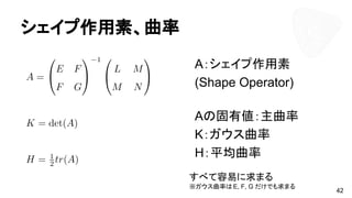 シェイプ作用素、曲率
A：シェイプ作用素
(Shape Operator)
Aの固有値：主曲率
K：ガウス曲率
H：平均曲率
42
すべて容易に求まる
※ガウス曲率はE, F, G だけでも求まる
 