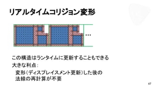 リアルタイムコリジョン変形
この構造はランタイムに更新することもできる
大きな利点：
　変形（ディスプレイスメント更新）した後の
　法線の再計算が不要
47
 