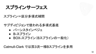スプラインサーフェス
スプライン＝区分多項式補間
サブディビジョンで使われる多項式基底
● バーンスタインベジェ
● B-スプライン
● BOX-スプライン（Bスプラインの一般化）
Catmull-Clark では双３次一様Bスプラインを多用
62
 