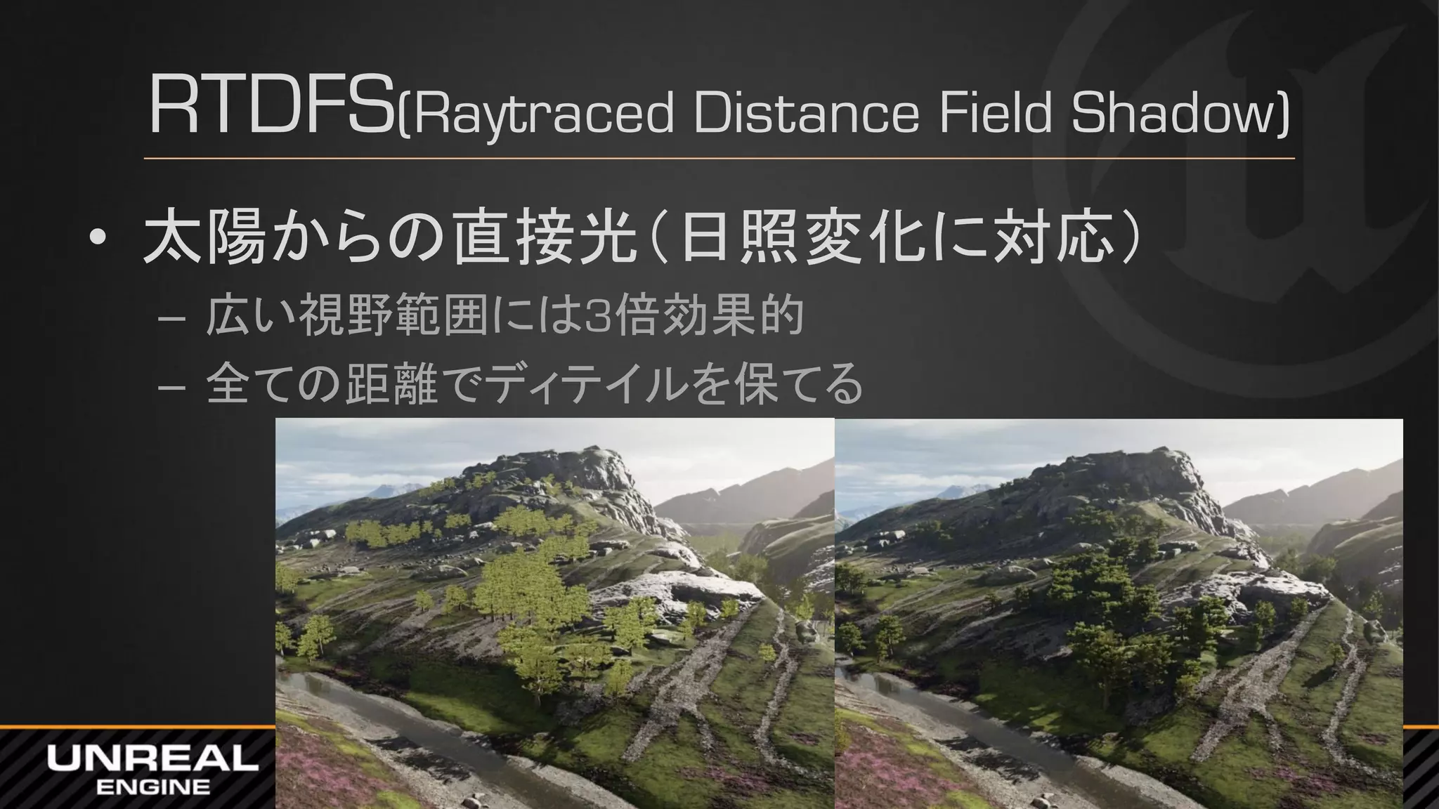 RTDFS(Raytraced Distance Field Shadow)
• 太陽からの直接光（日照変化に対応）
– 広い視野範囲には3倍効果的
– 全ての距離でディテイルを保てる
 