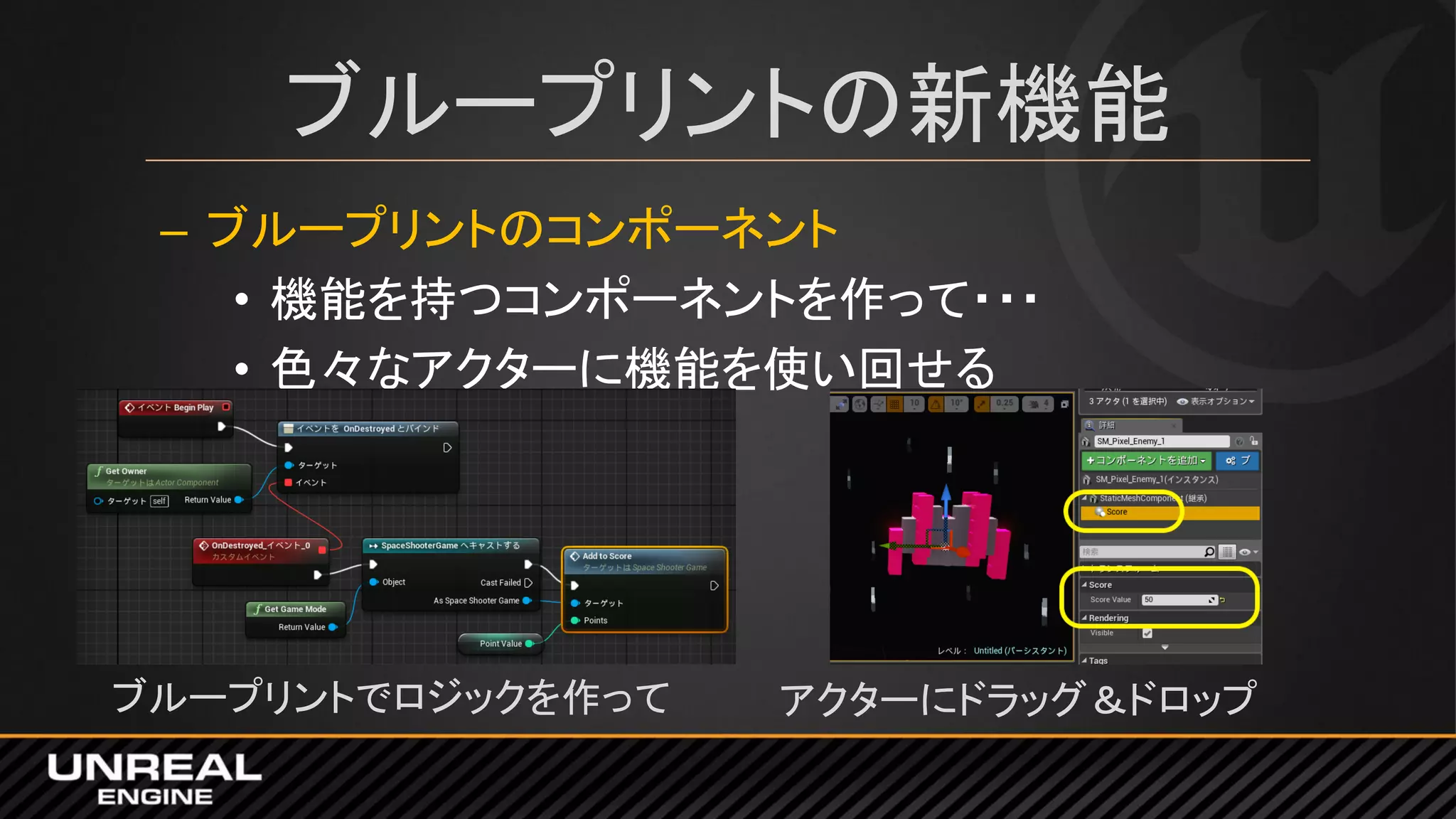 ブループリントの新機能
– ブループリントのコンポーネント
• 機能を持つコンポーネントを作って・・・
• 色々なアクターに機能を使い回せる
ブループリントでロジックを作って アクターにドラッグ＆ドロップ
 