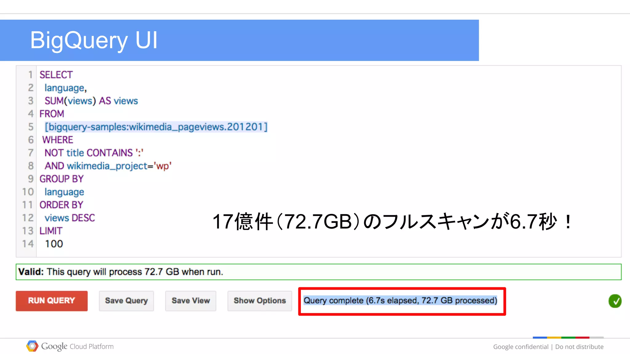 Google confidential | Do not distribute
BigQuery UIBigQuery UIBigQuery UI
17億件（72.7GB）のフルスキャンが6.7秒！
 