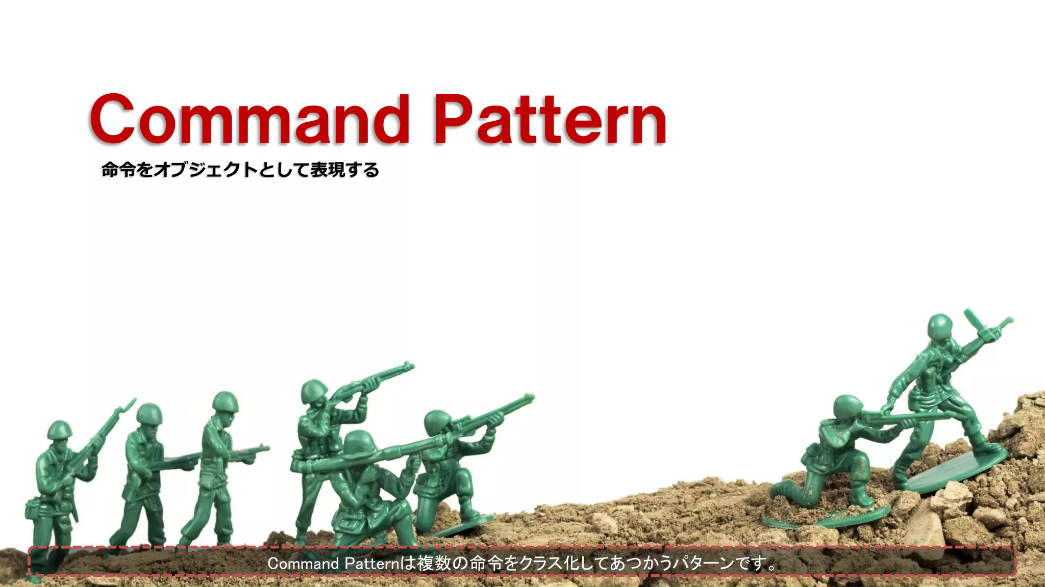 Ｃｏｍｍａｎｄ Ｐａｔｔｅｒｎ
命令をオブジェクトとして表現する
Command Patternは複数の命令をクラス化してあつかうパターンです。
 