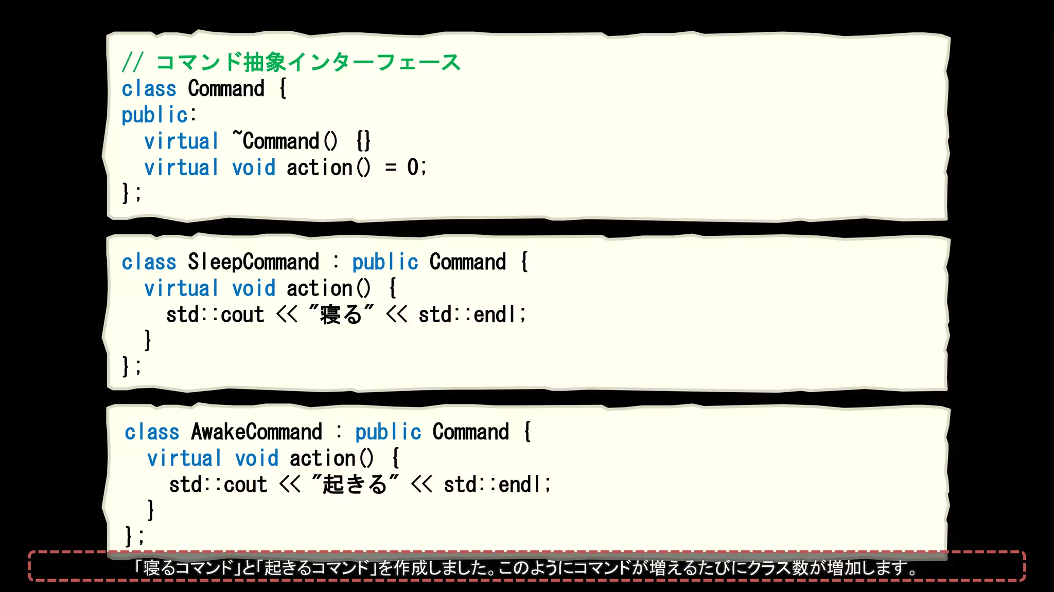 // コマンド抽象インターフェース
class Command {
public:
virtual ~Command() {}
virtual void action() = 0;
};
class SleepCommand : public Command {
virtual void action() {
std::cout << "寝る" << std::endl;
}
};
class AwakeCommand : public Command {
virtual void action() {
std::cout << "起きる" << std::endl;
}
};
「寝るコマンド」と「起きるコマンド」を作成しました。このようにコマンドが増えるたびにクラス数が増加します。
 