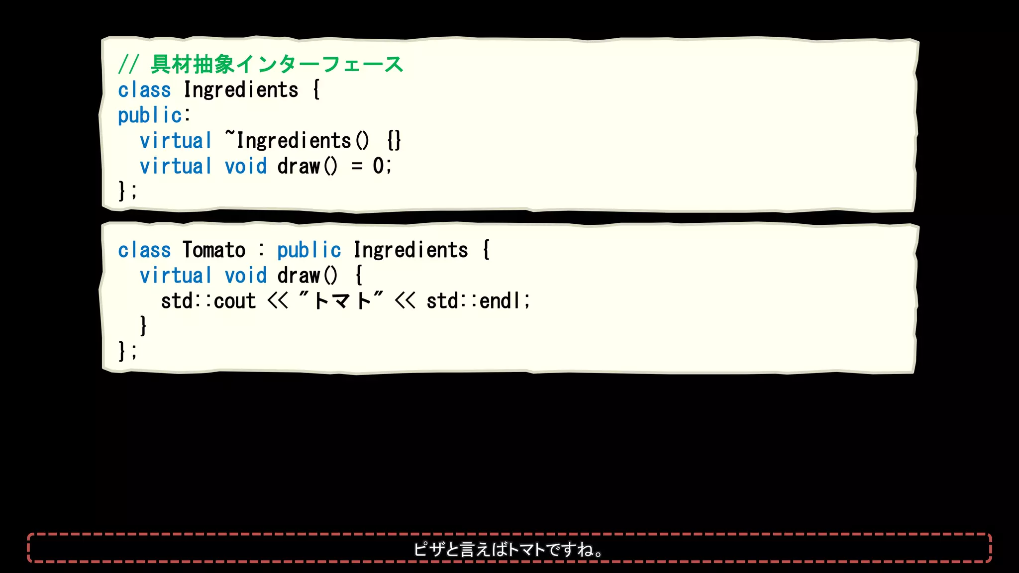 // 具材抽象インターフェース
class Ingredients {
public:
virtual ~Ingredients() {}
virtual void draw() = 0;
};
class Tomato : public Ingredients {
virtual void draw() {
std::cout << "トマト" << std::endl;
}
};
ピザと言えばトマトですね。
 