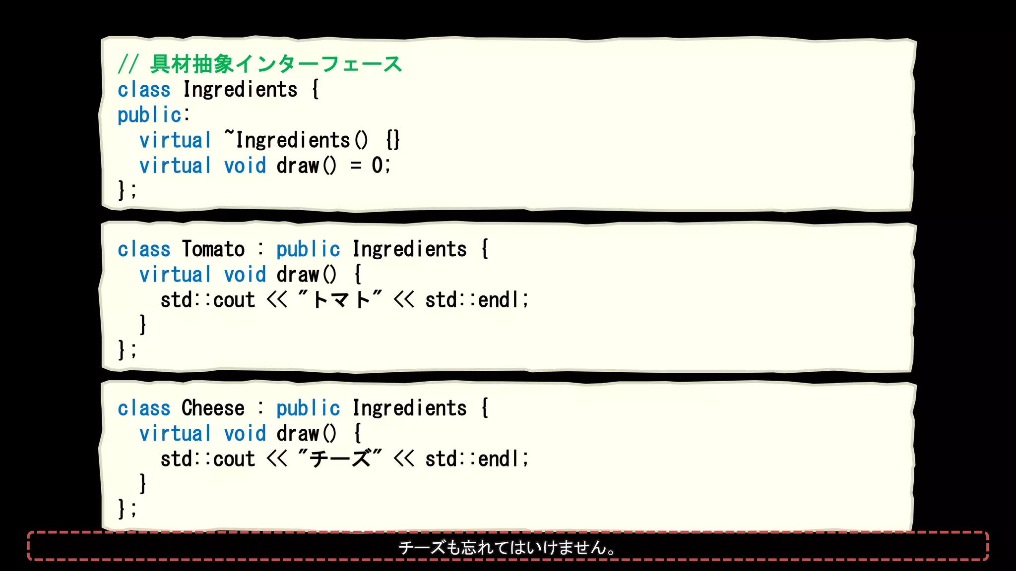 // 具材抽象インターフェース
class Ingredients {
public:
virtual ~Ingredients() {}
virtual void draw() = 0;
};
class Cheese : public Ingredients {
virtual void draw() {
std::cout << "チーズ" << std::endl;
}
};
class Tomato : public Ingredients {
virtual void draw() {
std::cout << "トマト" << std::endl;
}
};
チーズも忘れてはいけません。
 