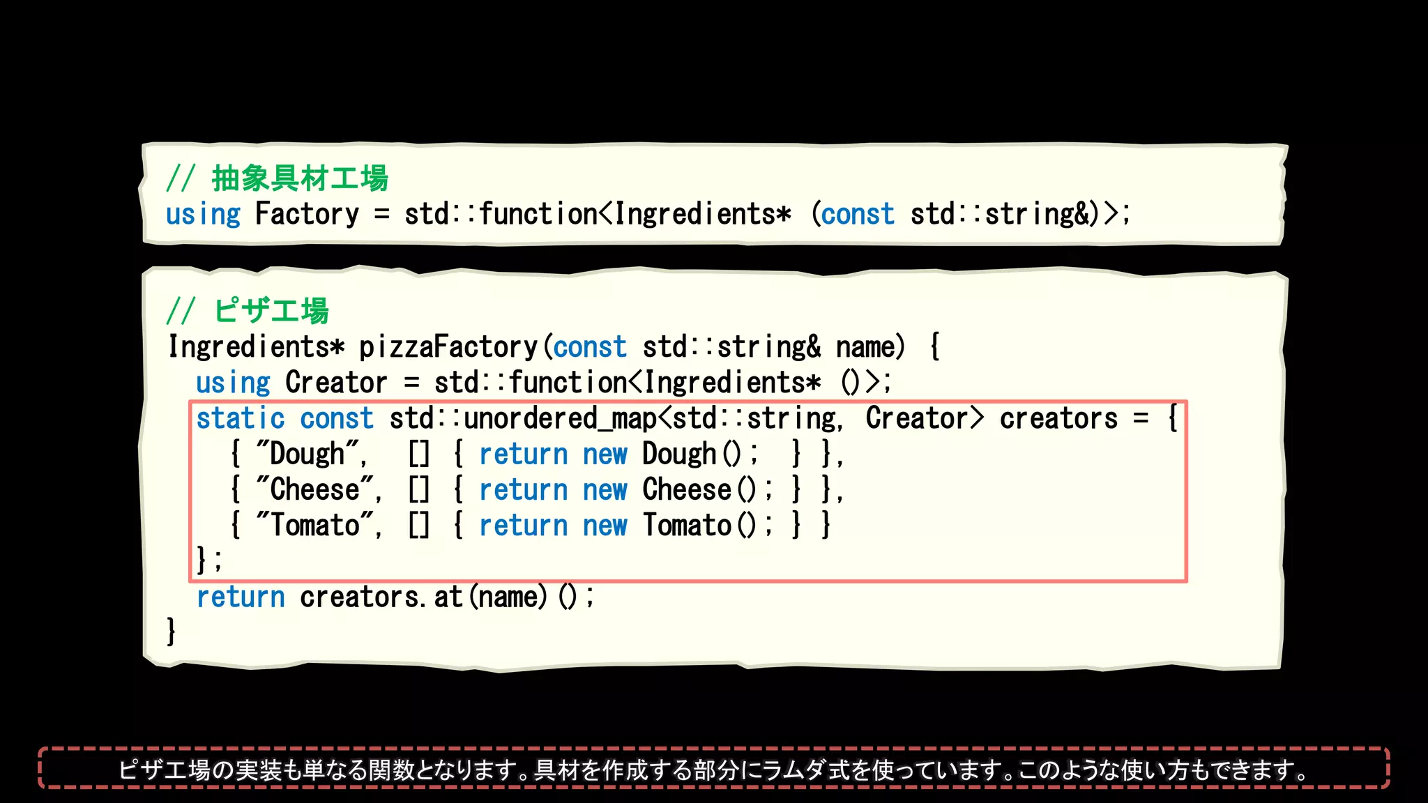 // ピザ工場
Ingredients* pizzaFactory(const std::string& name) {
using Creator = std::function<Ingredients* ()>;
static const std::unordered_map<std::string, Creator> creators = {
{ "Dough", [] { return new Dough(); } },
{ "Cheese", [] { return new Cheese(); } },
{ "Tomato", [] { return new Tomato(); } }
};
return creators.at(name)();
}
// 抽象具材工場
using Factory = std::function<Ingredients* (const std::string&)>;
ピザ工場の実装も単なる関数となります。具材を作成する部分にラムダ式を使っています。このような使い方もできます。
 
