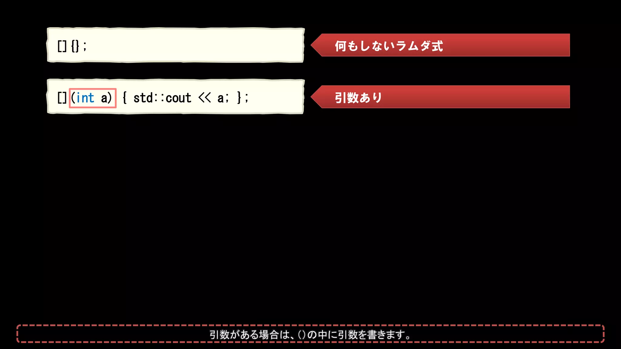 []{};
[](int a) { std::cout << a; };
何もしないラムダ式
引数あり
引数がある場合は、（）の中に引数を書きます。
 