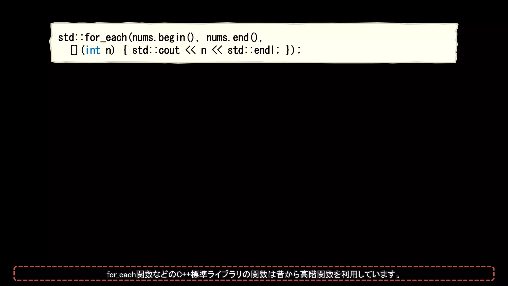 std::for_each(nums.begin(), nums.end(),
[](int n) { std::cout << n << std::endl; });
for_each関数などのC++標準ライブラリの関数は昔から高階関数を利用しています。
 