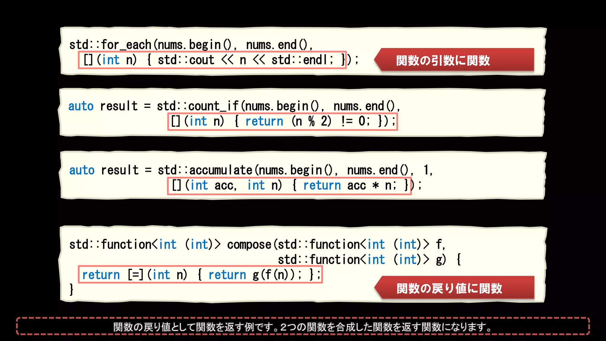 std::function<int (int)> compose(std::function<int (int)> f,
std::function<int (int)> g) {
return [=](int n) { return g(f(n)); };
} 関数の戻り値に関数
auto result = std::count_if(nums.begin(), nums.end(),
[](int n) { return (n % 2) != 0; });
auto result = std::accumulate(nums.begin(), nums.end(), 1,
[](int acc, int n) { return acc * n; });
std::for_each(nums.begin(), nums.end(),
[](int n) { std::cout << n << std::endl; }); 関数の引数に関数
関数の戻り値として関数を返す例です。２つの関数を合成した関数を返す関数になります。
 