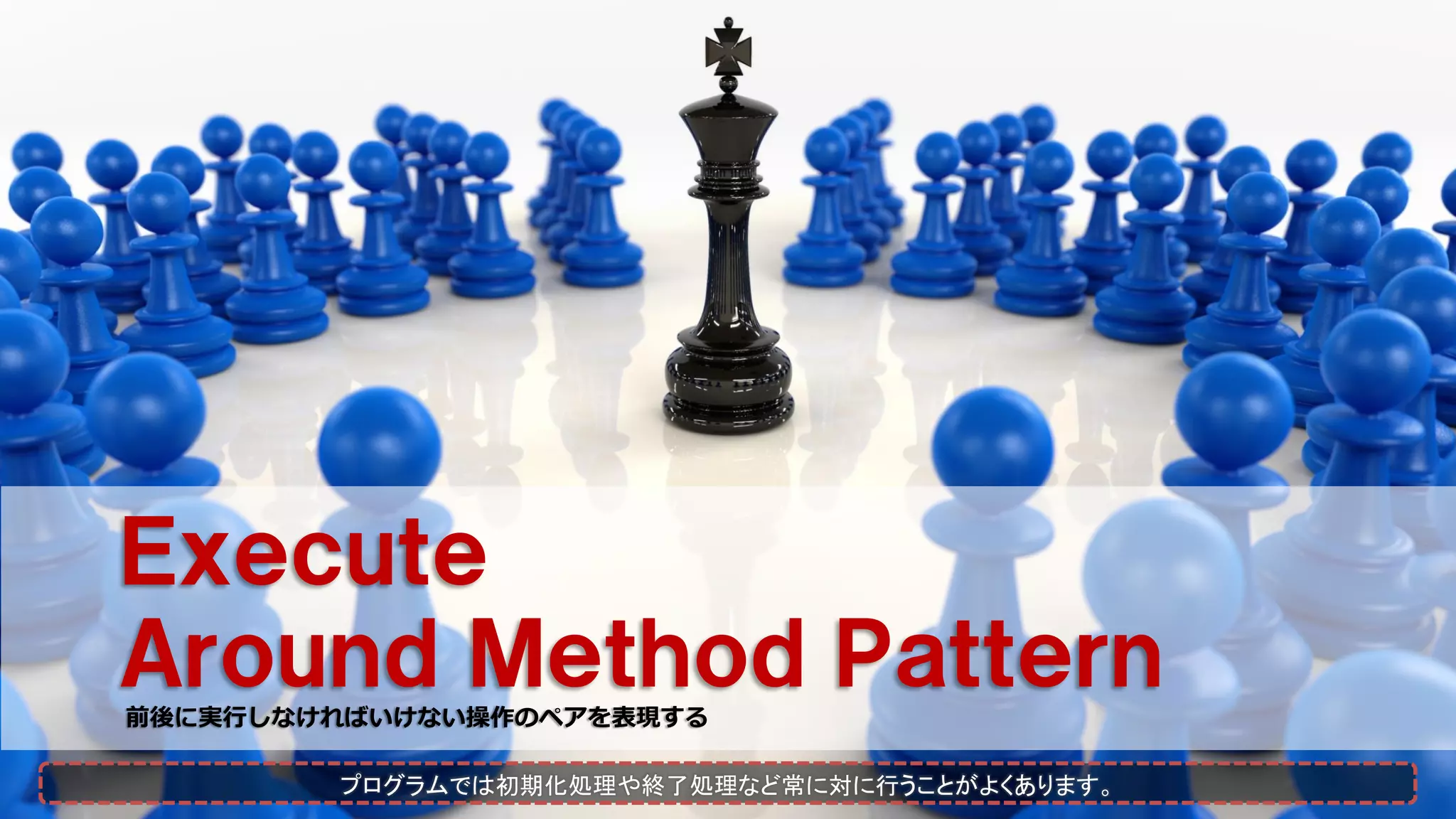 Ｅｘｅｃｕｔｅ
Ａｒｏｕｎｄ Ｍｅｔｈｏｄ Ｐａｔｔｅｒｎ
前後に実行しなければいけない操作のペアを表現する
プログラムでは初期化処理や終了処理など常に対に行うことがよくあります。
 