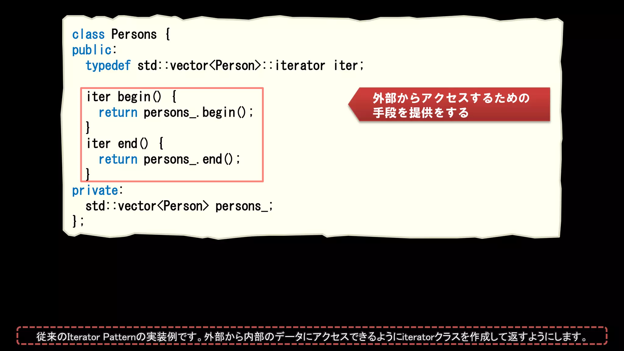 class Persons {
public:
typedef std::vector<Person>::iterator iter;
iter begin() {
return persons_.begin();
}
iter end() {
return persons_.end();
}
private:
std::vector<Person> persons_;
};
外部からアクセスするための
手段を提供をする
従来のIterator Patternの実装例です。外部から内部のデータにアクセスできるようにiteratorクラスを作成して返すようにします。
 