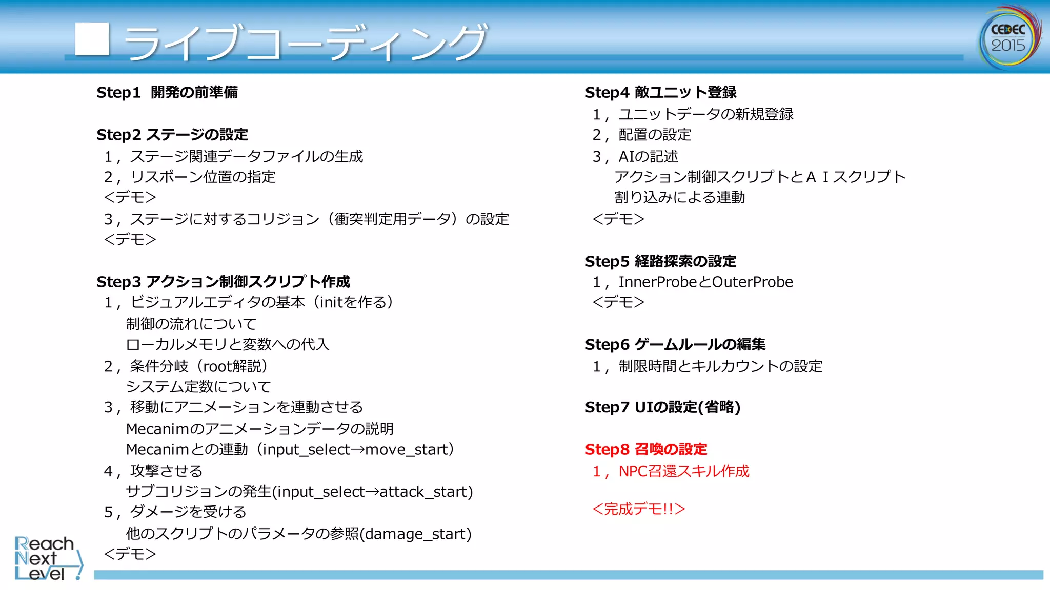 ■ライブコーディング
Step1   開発の前準備
Step2 ステージの設定
１，ステージ関連データファイルの⽣生成
２，リスポーン位置の指定
＜デモ＞
３，ステージに対するコリジョン（衝突判定⽤用データ）の設定
＜デモ＞
Step3 アクション制御スクリプト作成
  １，ビジュアルエディタの基本（initを作る）
制御の流流れについて
ローカルメモリと変数への代⼊入
２，条件分岐（root解説）
システム定数について
３，移動にアニメーションを連動させる
Mecanimのアニメーションデータの説明
Mecanimとの連動（input_̲select→move_̲start）
４，攻撃させる
サブコリジョンの発⽣生(input_̲select→attack_̲start)  
５，ダメージを受ける
他のスクリプトのパラメータの参照(damage_̲start)  
＜デモ＞
Step4 敵ユニット登録
１，ユニットデータの新規登録
２，配置の設定
３，AIの記述
アクション制御スクリプトとＡＩスクリプト
割り込みによる連動
＜デモ＞
Step5 経路路探索索の設定
１，InnerProbeとOuterProbe
＜デモ＞
Step6 ゲームルールの編集
１，制限時間とキルカウントの設定
Step7 UIの設定(省省略略)
Step8 召喚の設定
  １，NPC召還スキル作成
＜完成デモ!!＞
 