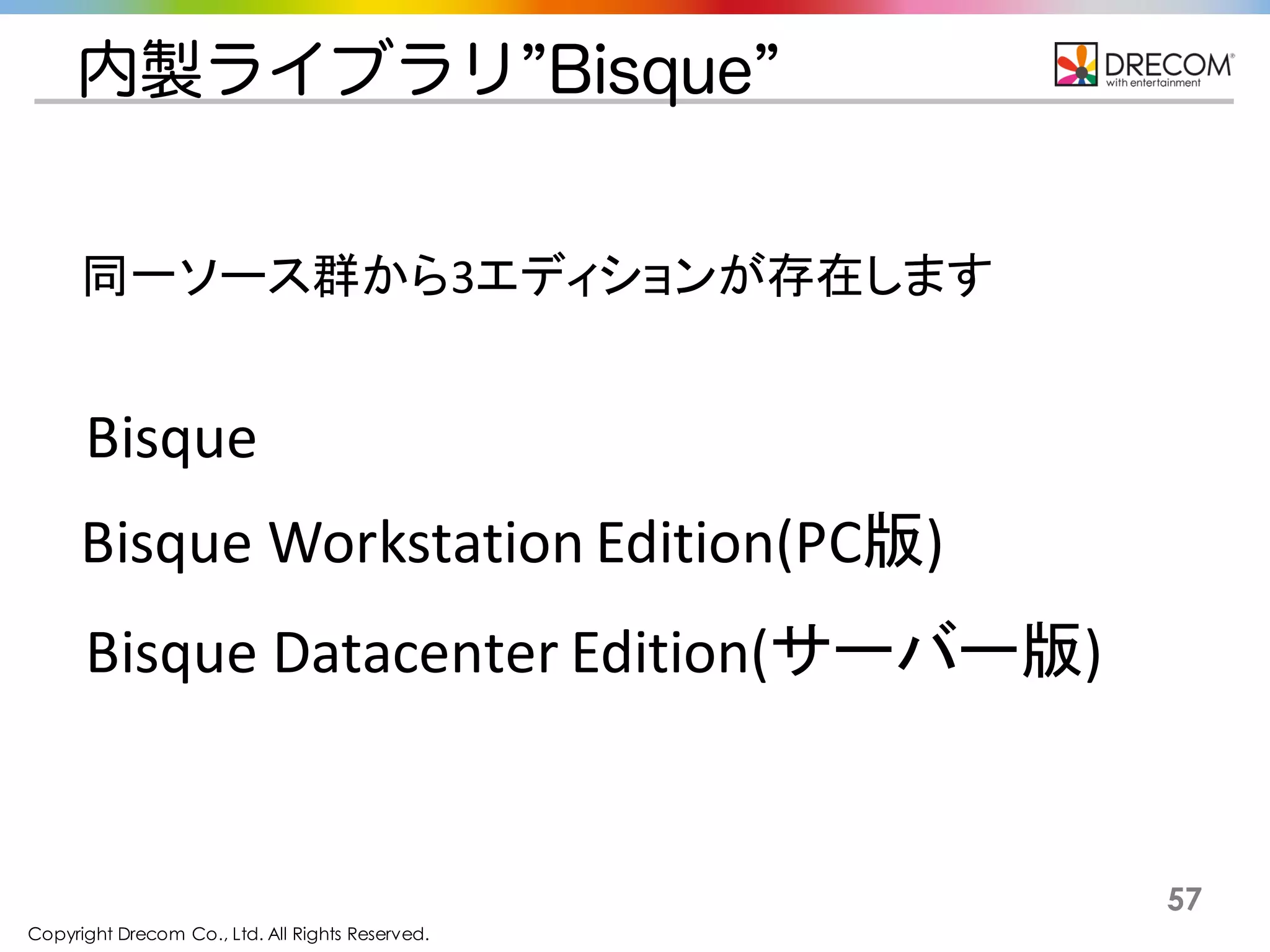 Copyright Drecom Co., Ltd. All Rights Reserved.
57
内製ライブラリ”Bisque”
同一ソース群から3エディションが存在します
Bisque	
  Workstation	
  Edition(PC版)
Bisque
Bisque	
  Datacenter	
  Edition(サーバー版)
 