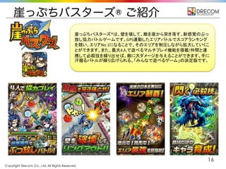 Copyright Drecom Co., Ltd. All Rights Reserved.
16
崖っぷちバスターズ® ご紹介
崖っぷちバスターズ®は、壁を壊して、敵を崖から突き落す、新感覚のぶっ
放し協力バトルゲームです。GPS連動したエリアバトルでスコアランキング
を競い、エリアNo.1になることで、そのエリアを制圧しながら拡大していくこ
とができます。また、最大4人で遊べるマルチプレイ機能を搭載!仲間と連
携して必殺技を繰り出せば、敵に大ダメージを与えることができます。手に
汗握るバトルが繰り広げられる、「みんなで遊べるゲーム」の決定版です。
 