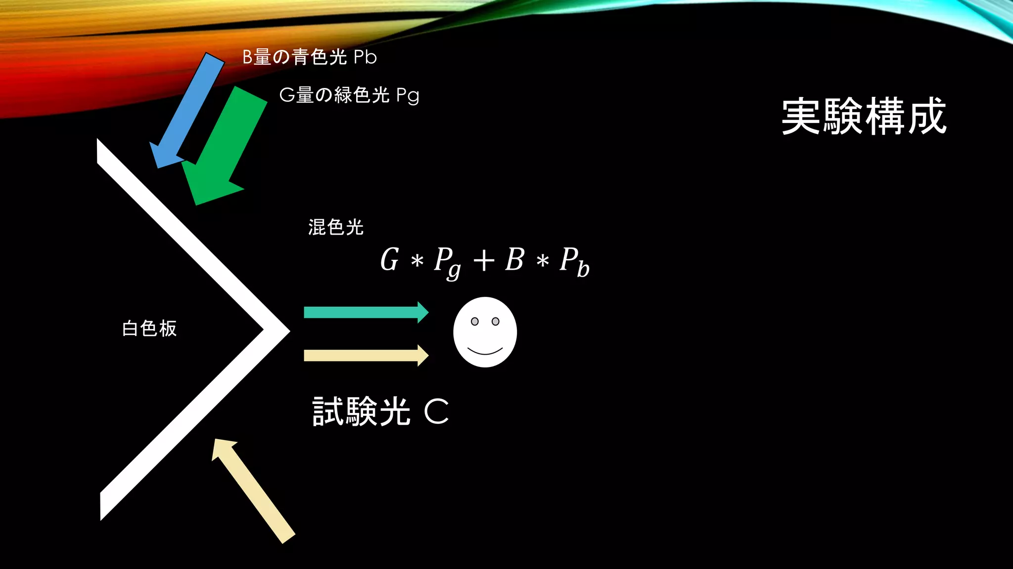 実験構成
試験光 C
白色板
B量の青色光 Pb
G量の緑色光 Pg
混色光
𝐺 ∗ 𝑃𝑔 + 𝐵 ∗ 𝑃𝑏
 