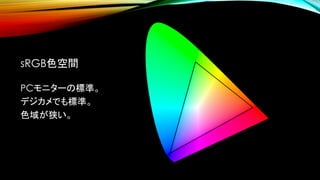 sRGB色空間
PCモニターの標準。
デジカメでも標準。
色域が狭い。
 