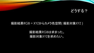 どうする？
撮影結果RGB = XYZからカメラ色空間( 撮影対象XYZ )
撮影結果RGBは求まった。
撮影対象XYZを求めたい。
 