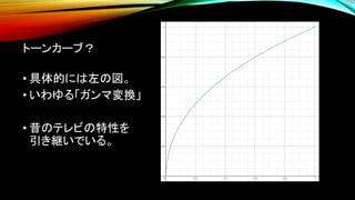 トーンカーブ？
• 具体的には左の図。
• いわゆる「ガンマ変換」
• 昔のテレビの特性を
引き継いでいる。
 