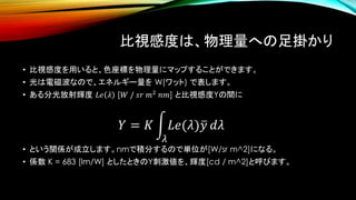 比視感度は、物理量への足掛かり
• 比視感度を用いると、色座標を物理量にマップすることができます。
• 光は電磁波なので、エネルギー量を W(ワット) で表します。
• ある分光放射輝度 𝐿𝑒 𝜆 [𝑊 / 𝑠𝑟 𝑚2
𝑛𝑚] と比視感度Yの間に
𝑌 = 𝐾 න
𝜆
𝐿𝑒(𝜆)ത𝑦 𝑑𝜆
• という関係が成立します。nmで積分するので単位が[W/sr m^2]になる。
• 係数 K = 683 [lm/W] としたときのY刺激値を、輝度[cd / m^2]と呼びます。
 
