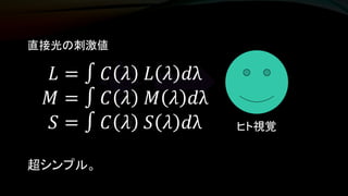 光源 ヒト視覚
直接光の刺激値
𝐿 = ∫ 𝐶 𝜆 𝐿 𝜆 𝑑λ
𝑀 = ∫ 𝐶 𝜆 𝑀 𝜆 𝑑λ
𝑆 = ∫ 𝐶 𝜆 𝑆 𝜆 𝑑λ
超シンプル。
 