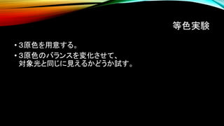 等色実験
• ３原色を用意する。
• ３原色のバランスを変化させて、
対象光と同じに見えるかどうか試す。
 