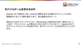 Copyright  Drecom Co.,  Ltd.  All  Rights  Reserved. 10
OpenGL  ES  は現在の iOS  /  Android  開発を⽀支える共通のグラフィックスAPI。
描画部分においては最も基本であり、最も重要なAPIの⼀一つ。
現在のスマホネイティブアプリは、iOS/Android  の両対応がほぼ⼀一般的になって
いるが、プラットフォームが異異なるこの2つのデバイスにおいて、OpenGL  ES  で
グラフィックスエンジンを記述すれば、両プラットフォームの対応を⾏行行うことがで
きる。
モバイルゲームを⽀支えるAPI  
 