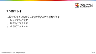 Copyright  Drecom Co.,  Ltd.  All  Rights  Reserved. 101
コンポジットの段階では3枚のテクスチャを利利⽤用する
• にじみテクスチャ
• ぼかしテクスチャ
• ⽔水彩紙テクスチャ
コンポジット
 