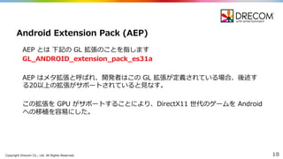 Copyright  Drecom Co.,  Ltd.  All  Rights  Reserved. 18
AEP  とは 下記の GL 拡張のことを指します
GL_̲ANDROID_̲extension_̲pack_̲es31a
AEP  はメタ拡張と呼ばれ、開発者はこの GL  拡張が定義されている場合、後述す
る20以上の拡張がサポートされていると⾒見見なす。
この拡張を GPU  がサポートすることにより、DirectX11  世代のゲームを Android  
への移植を容易易にした。
Android  Extension  Pack  (AEP)
 