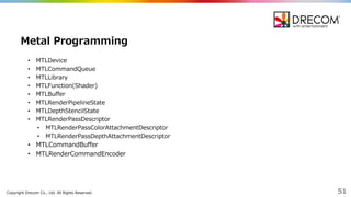 Copyright  Drecom Co.,  Ltd.  All  Rights  Reserved. 51
• MTLDevice
• MTLCommandQueue
• MTLLibrary
• MTLFunction(Shader)  
• MTLBuffer
• MTLRenderPipelineState
• MTLDepthStencilState
• MTLRenderPassDescriptor
• MTLRenderPassColorAttachmentDescriptor
• MTLRenderPassDepthAttachmentDescriptor
• MTLCommandBuffer
• MTLRenderCommandEncoder
Metal Programming
 