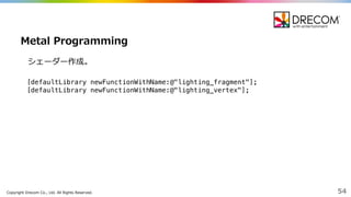 Copyright  Drecom Co.,  Ltd.  All  Rights  Reserved. 54
シェーダー作成。
Metal Programming
[defaultLibrary newFunctionWithName:@"lighting_fragment"];
[defaultLibrary newFunctionWithName:@"lighting_vertex"];
 