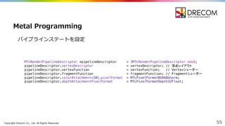 Copyright  Drecom Co.,  Ltd.  All  Rights  Reserved. 55
Metal  Programming
MTLRenderPipelineDescriptor *pipelineDescriptor = [MTLRenderPipelineDescriptor new];
pipelineDescriptor.vertexDescriptor = vertexDescriptor; // 頂点レイアウト
pipelineDescriptor.vertexFunction = vertexFunction; // Vertexシェーダー
pipelineDescriptor.fragmentFunction = fragmentFunction; // Fragmentシェーダー
pipelineDescriptor.colorAttachments[0].pixelFormat = MTLPixelFormatBGRA8Unorm;
pipelineDescriptor.depthAttachmentPixelFormat = MTLPixelFormatDepth32Float;
パイプラインステートを設定
 