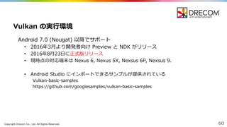 Copyright  Drecom Co.,  Ltd.  All  Rights  Reserved. 60
Android 7.0  (Nougat)  以降降でサポート
• 2016年年3⽉月より開発者向け Preview  と NDK がリリース
• 2016年年8⽉月23⽇日に正式版リリース
• 現時点の対応端末は Nexus  6,  Nexus  5X,  Nexsus 6P,  Nexsus 9.
• Android  Studio  にインポートできるサンプルが提供されている
Vulkan-‐‑‒basic-‐‑‒samples
https://github.com/googlesamples/vulkan-‐‑‒basic-‐‑‒samples
Vulkan の実⾏行行環境
 
