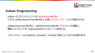 Copyright  Drecom Co.,  Ltd.  All  Rights  Reserved. 65
Vulkan のコマンドバッファは VkCommandBuffer
これは vkAllocateCommandBuffers を通してコマンドプールより確保される。
vkBeginCommandBuffer,    vkEndCommandBuffer でコマンドを構築し、
構築したコマンドを vkQueueSubmit でキューに追加する。
コマンドキューは Graphics,  Compute,  Transfer  ⽤用途ごとに分ける必要がある
Vulkan Programming
 
