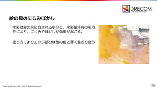 Copyright  Drecom Co.,  Ltd.  All  Rights  Reserved. 78
⽔水彩は絵の具に含まれる⽔水分と、⽔水彩紙特有の吸収
性により、にじみやぼかしが効果が起こる。
塗り⽅方によりエッジ部分は他の⾊色と薄く混ざり合う
絵の具のにじみぼかし
 