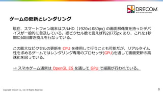Copyright  Drecom Co.,  Ltd.  All  Rights  Reserved. 8
現在、スマートフォン端末はフルHD（1920x1080px)  の画⾯面解像度度を持ったデバ
イスが⼀一般的に普及している。総ピクセル数で⾔言えば約207万px あり、これを1秒
間に60回書き換えを⾏行行なっている。
この膨⼤大なピクセルの更更新を CPU を使⽤用して⾏行行うことも可能だが、リアルタイム
性を求めるゲームではレンダリング専⽤用のプロセッサ(GPU)を通して画⾯面更更新の⾼高
速化を図っている。
→  スマホゲーム通常は OpenGL  ES を通して GPU で描画が⾏行行われている。
ゲームの更更新とレンダリング
 