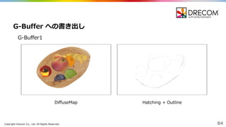 Copyright  Drecom Co.,  Ltd.  All  Rights  Reserved. 84
G-‐‑‒Buffer  への書き出し
G-‐‑‒Buffer1
DiffuseMap Hatching  +  Outline
 