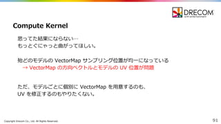 Copyright  Drecom Co.,  Ltd.  All  Rights  Reserved. 91
思ってた結果にならない…
もっとぐにゃっと曲がってほしい。
殆どのモデルの VectorMap  サンプリング位置が均⼀一になっている
→ VectorMap の⽅方向ベクトルとモデルの UV  位置が問題
Compute  Kernel
ただ、モデルごとに個別に VectorMap を⽤用意するのも、
UV  を修正するのもやりたくない。
 