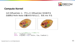 Copyright  Drecom Co.,  Ltd.  All  Rights  Reserved. 95
元の DiffuseColor と、ずらした DiffuseColor を合成する
合成時は Perlin Noise  の重み付けをもとに、⾊色を mix  する
Compute  Kernel
// パーリンノイズの強度をブレンドの強度にする
half flowBlend = noise;
half4 originMix = mix( inColor, flow, flowBlend );
 