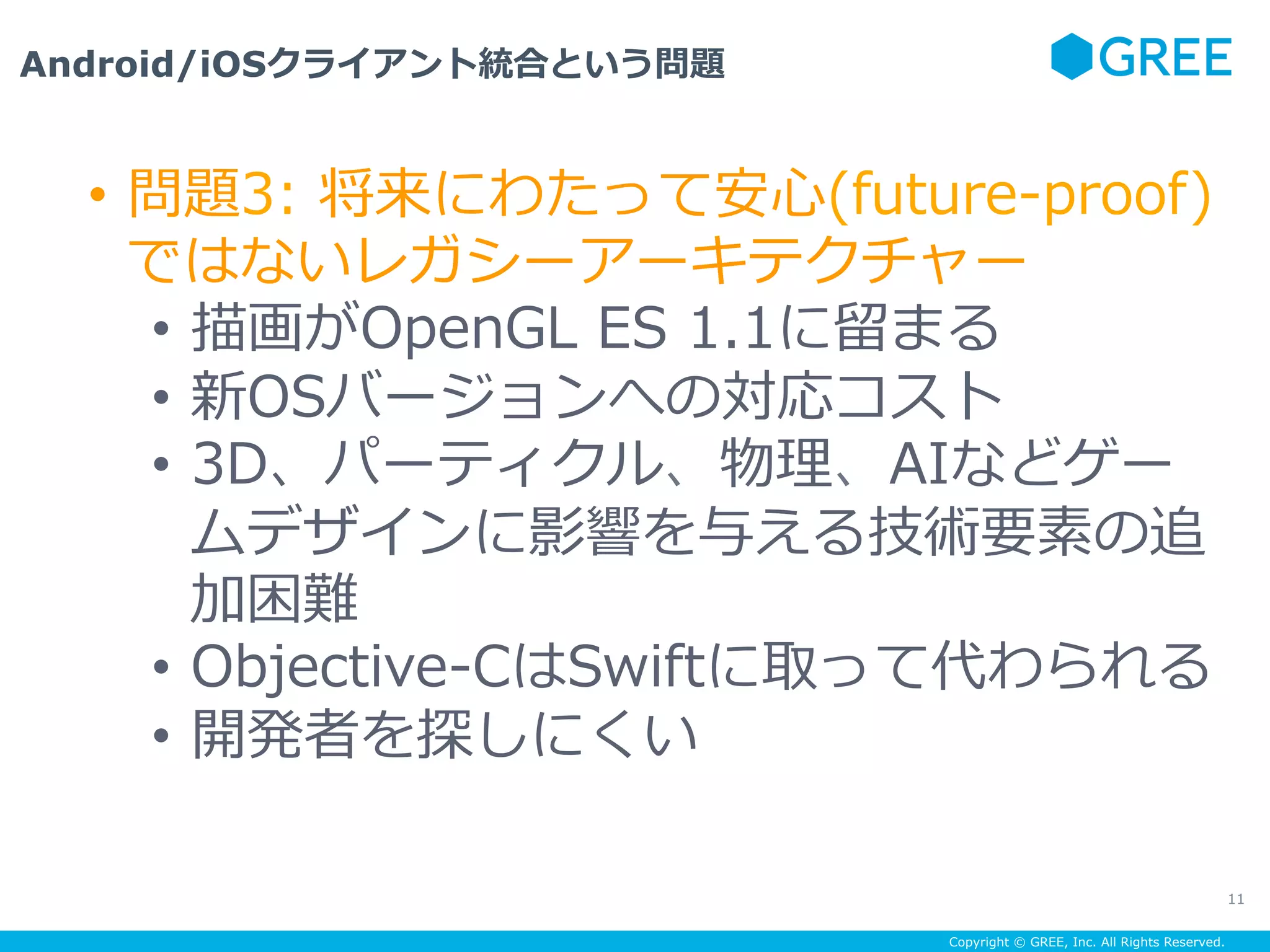 Copyright © GREE, Inc. All Rights Reserved.
Android/iOSクライアント統合という問題
11
•  問題3: 将来にわたって安⼼(future-proof)
ではないレガシーアーキテクチャー
•  描画がOpenGL ES 1.1に留まる
•  新OSバージョンへの対応コスト
•  3D、パーティクル、物理、AIなどゲー
ムデザインに影響を与える技術要素の追
加困難
•  Objective-CはSwiftに取って代わられる
•  開発者を探しにくい
 