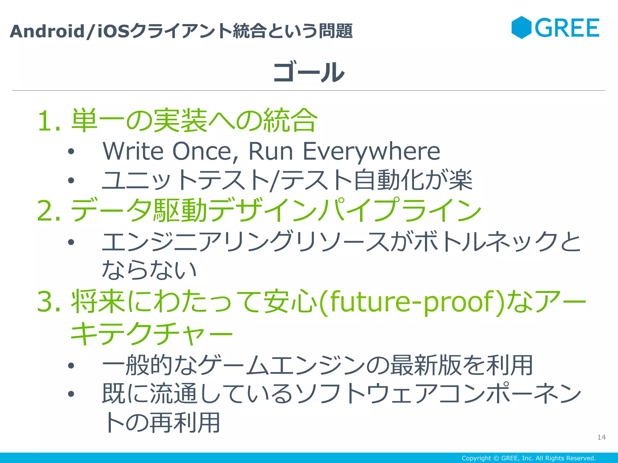 Copyright © GREE, Inc. All Rights Reserved.
Android/iOSクライアント統合という問題
14
1.  単⼀の実装への統合
•  Write Once, Run Everywhere
•  ユニットテスト/テスト⾃動化が楽
2.  データ駆動デザインパイプライン
•  エンジニアリングリソースがボトルネックと
ならない
3.  将来にわたって安⼼(future-proof)なアー
キテクチャー
•  ⼀般的なゲームエンジンの最新版を利⽤
•  既に流通しているソフトウェアコンポーネン
トの再利⽤
ゴール
 